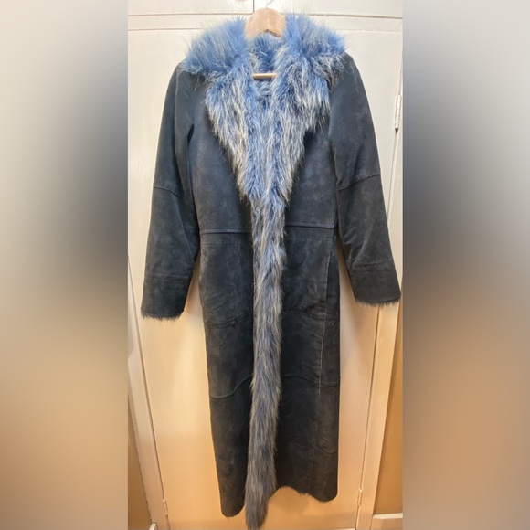 Newport News Jackets & Blazers - Vintage Newport News Blue Suede Leather Faux Fur Long Coat